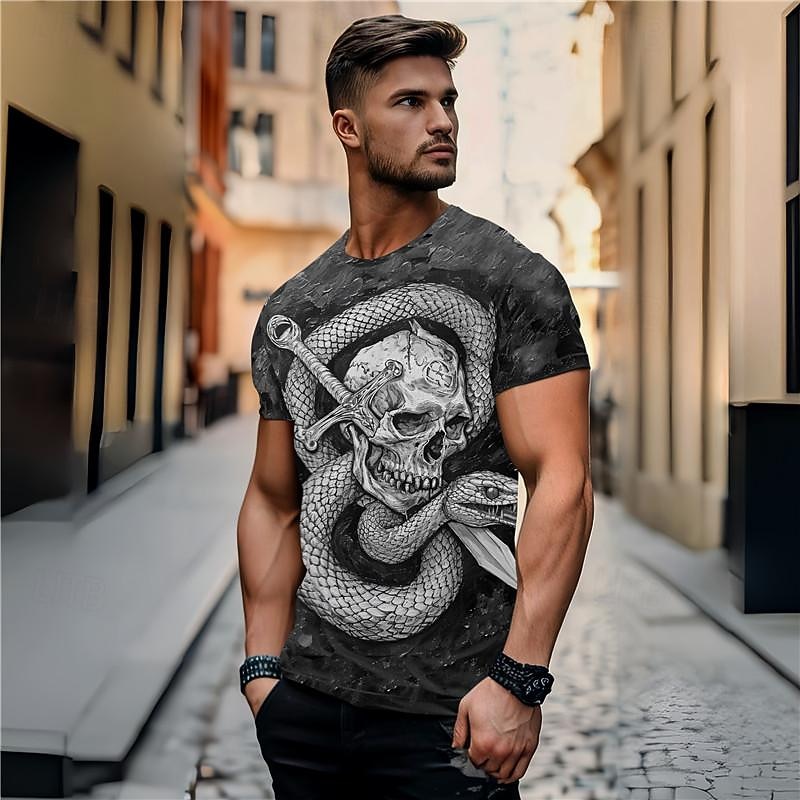 Men's Skull Snake T Shirt Short Sleeve T shirt 3D Print Crew Neck Shirt Punk Gothic Vacation Party Street Black Summer Spring Fall Clothing Apparel S M L XL 2XL 3XL4
