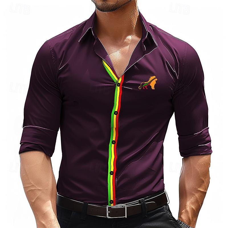 Men's Dress Shirt Printed Shirts Lion Street Wear to work Black Dark Navy Fuchsia Long Sleeve Turndown Spring & Summer Clothing Apparel Print4