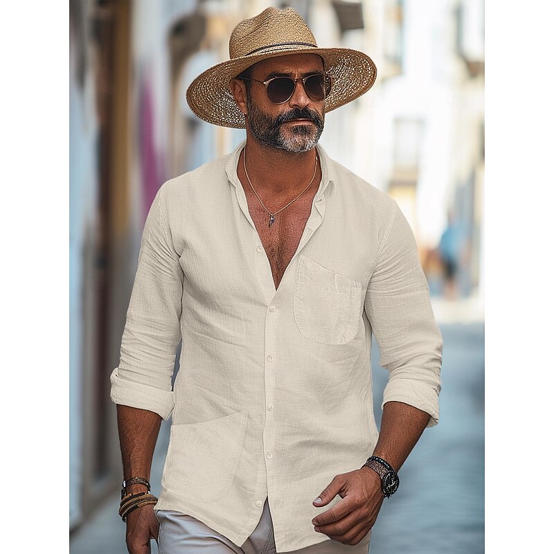 45% Linen Pocket Men's Linen Shirt Shirt Button Up Shirt Summer Shirt Black White Navy Blue Long Sleeve Plain Lapel Spring &  Fall Outdoor Daily Clothing Apparel