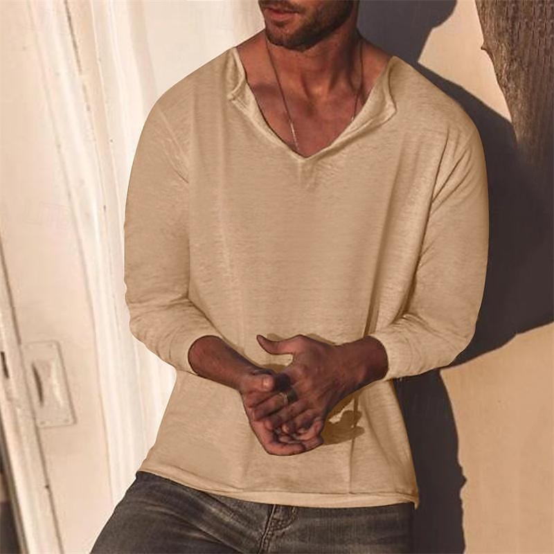 Men's T Shirt Tee Tee Top Long Sleeve Shirt Long Sleeve V Neck Spring &  Fall Plain Fashion Designer Basic Vacation Street Going out Black Sky Blue Khaki Top Tee for Men