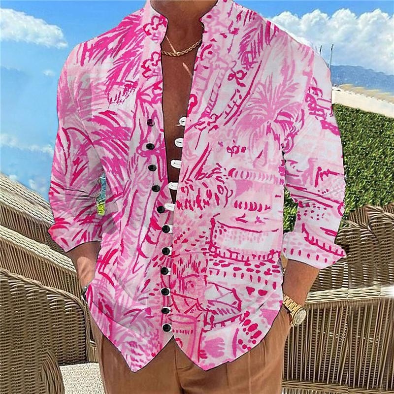 Men's Palm Tree Tropical Plants Summer Hawaiian Shirt Aloha Shirt Printed Shirts Long Sleeve Shirt Standing Collar Hawaiian Resort Outdoor Vacation Daily Wear Pink Blue Orange S M L