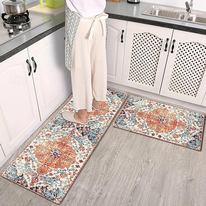 Vintage Boho Kitchen Floor Mat, Non-slip Oil-proof Floor Mat, Soft Rug, Floral Waterproof Kitchen Mat, Dirt-resistant Floor Mat, Machine Washable, Entrance Doormat, Kitchen Living Room Laundry Bathroo