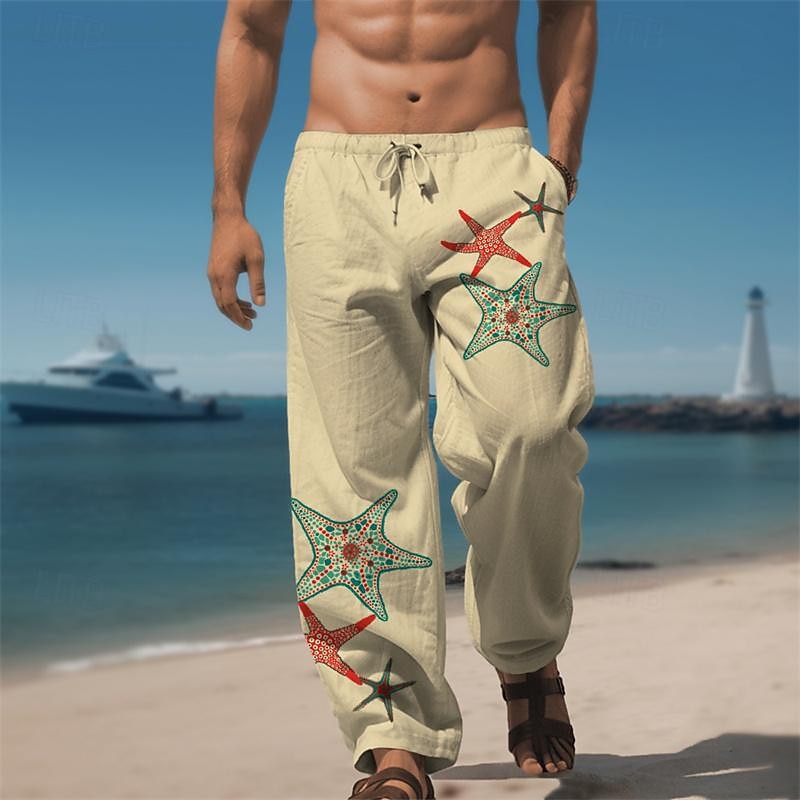 Men's Starfish Linen Pants Pants Trousers Baggy Pants Mid Waist Vintage Outdoor Daily Wear Streetwear Elastic Drawstring Design Fall & Winter Blue Green Khaki4