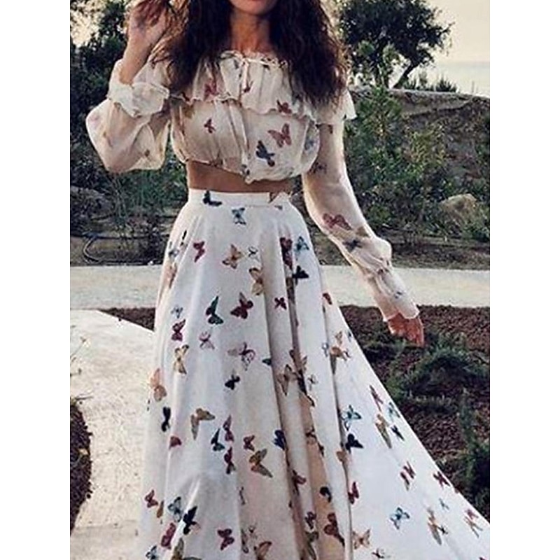 Women's Dress Set Casual Dress Boho Chic Dresses Long Sleeve Boho Dress Vacation Bohemia Fashion Ruffle Print Long Dress Maxi Dress Off Shoulder Long Sleeve Butterfly Loose Fit Summer Spring3