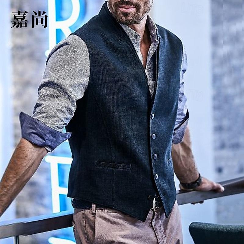 Men's Vest Gilet Wedding Event / Party Daily Fashion Business Spring & Summer Button Polyester Comfortable Plain Single Breasted One-button V Neck Regular Fit Navy Blue Vest4