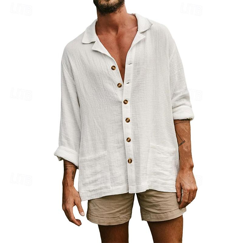 Men's Shirt Linen Shirt Cotton Linen Shirt White Cotton Shirt Summer Shirt Beach Shirt Plain Hawaiian Holiday White Sky Blue Green Khaki Long Sleeve Camp Collar Spring &  Fall Clothing Apparel Pocket2