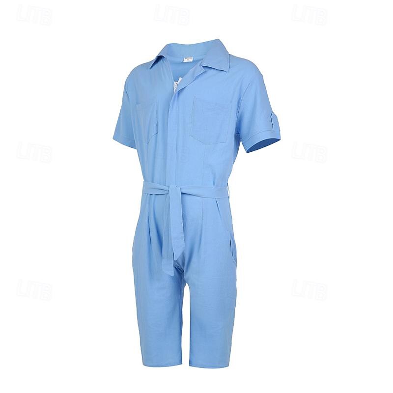 Men's Linen Shorts Summer Shorts Jumpsuit Pocket With Belt Plain Comfort Short Sports Outdoor Daily Holiday Fashion Designer White Blue3