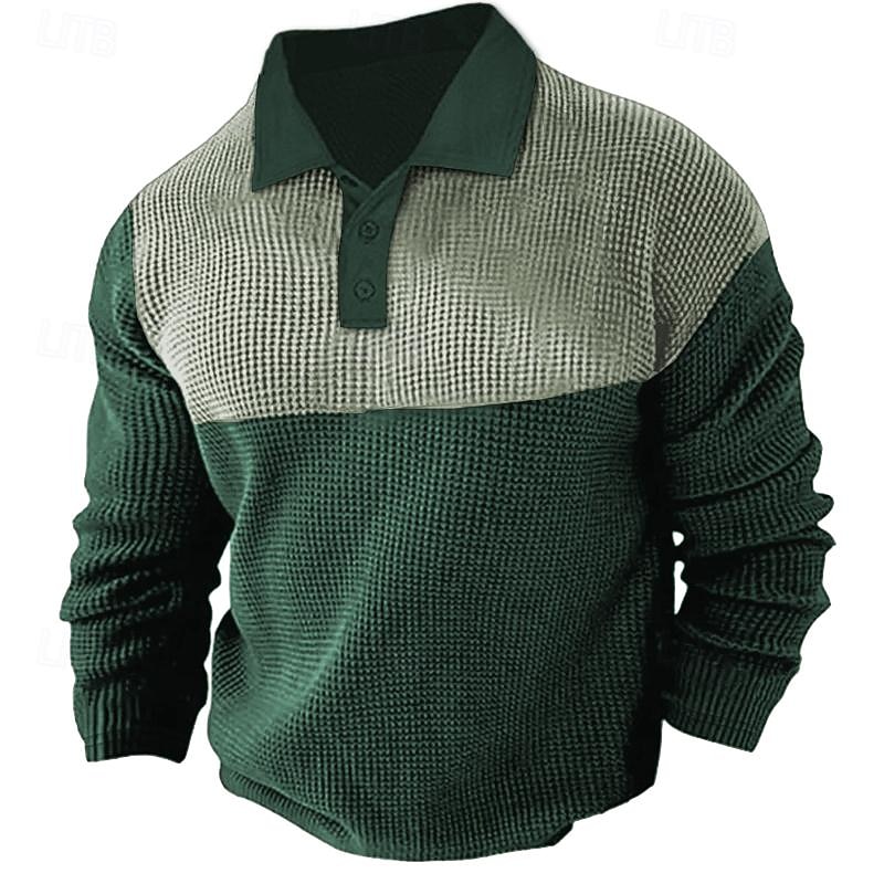 Men's Waffle Polo Shirt Golf Shirt Casual Holiday Classic Long Sleeve Fashion Basic Color Block Quick Dry Summer Spring Regular Fit Army Green Dark Navy Gray Waffle Polo Shirt