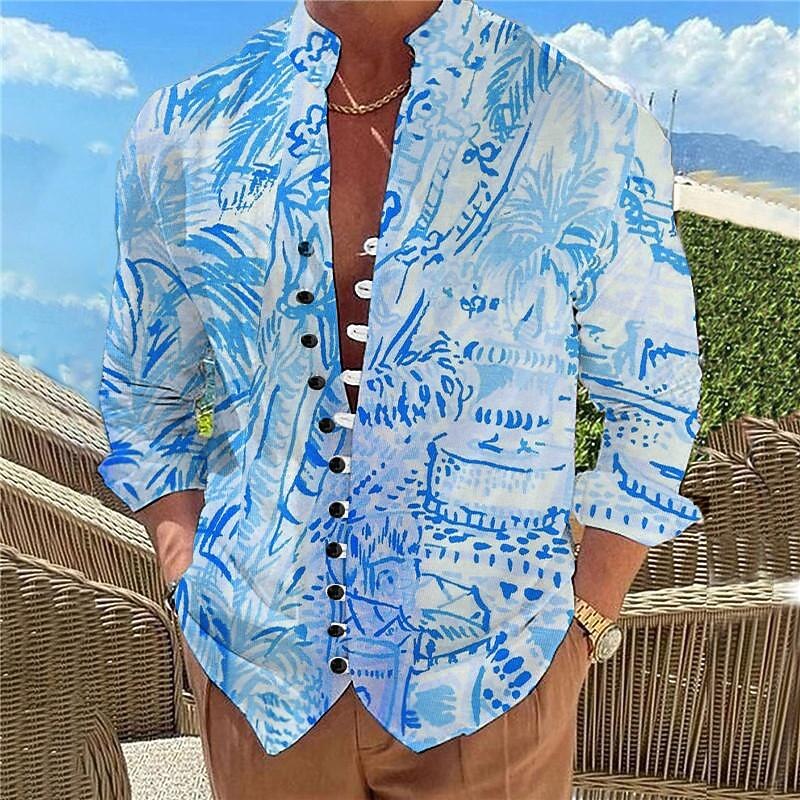 Men's Palm Tree Tropical Plants Summer Hawaiian Shirt Aloha Shirt Printed Shirts Long Sleeve Shirt Standing Collar Hawaiian Resort Outdoor Vacation Daily Wear Pink Blue Orange S M L4