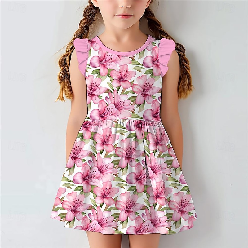 Easter Girls' 3D Floral Ruffle Dress Pink Sleeveless 3D Print Summer Daily Holiday Casual Beautiful Kids 3-12 Years Casual Dress Tank Dress Above Knee Regular Fit2