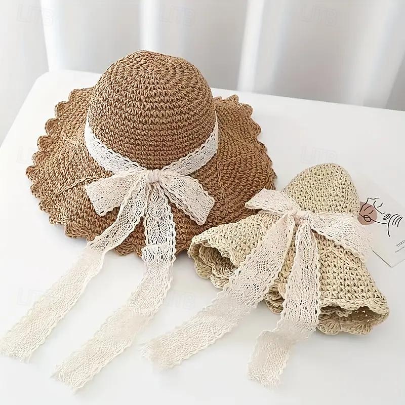 1 pcs Summer Handmade Crochet Lace Straw Hat For Women With Wide Brim Foldable Beach Hat3