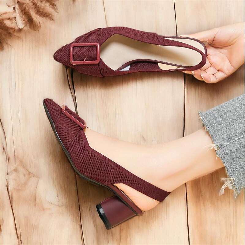 Women's Heels Plus Size Flyknit Shoes Wedding Outdoor Office Striped Buckle Block Heel Pointed Toe Fashion Classic Comfort Walking Knit Loafer Almond Black Yellow3