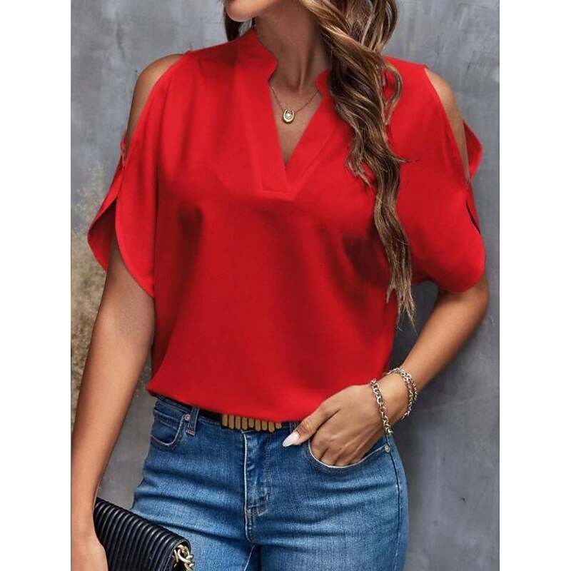 Shirt Blouse Women's Black White Yellow Solid Color Cut Out Street Daily Fashion V Neck S3