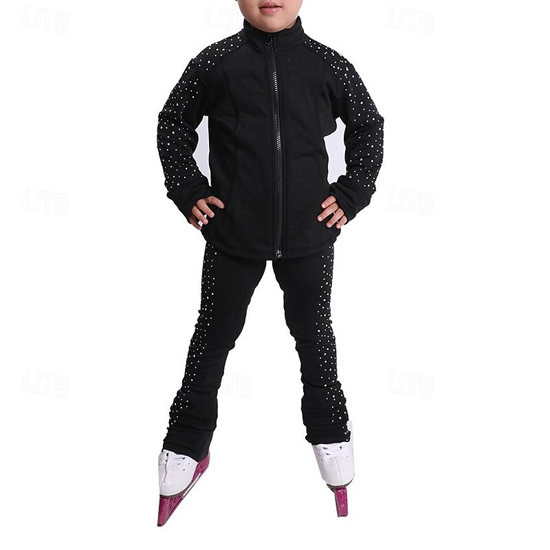 Figure Skating Jacket with Pants Women's Girls' Ice Skating Tights Outfits Black High Elasticity Training Practice Professional Skating Wear Thermal Warm Crystal / Rhinestone Long Sleeve Ice Skating