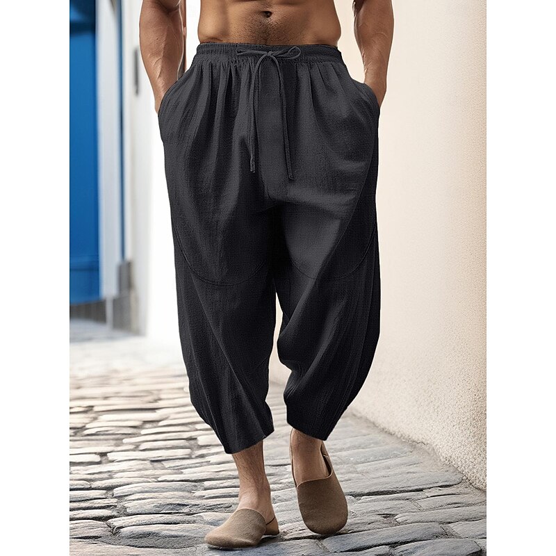 100% Linen Men's Linen Pants Trousers Summer Pants Tapered Carrot Pants Pocket Drawstring Elastic Waist Plain Breathable Comfortable Daily Vacation Going out Classic Casual Black White4