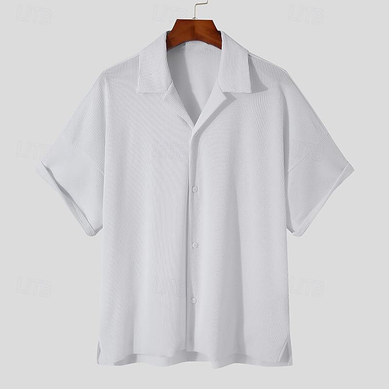 Men's Summer Shirt Casual Shirt Beach Shirt Button Up Shirt White Short Sleeve Plain Vertical Stripes Lapel Vacation Holiday Button-Down Clothing Apparel Polyester Fashion Casual Comfortable2