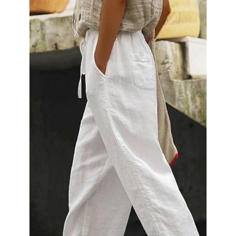 Women's Pants Trousers Linen Cotton Blend Lace Side Pockets Plain Ankle-Length White Spring, Fall, Winter, Summer2