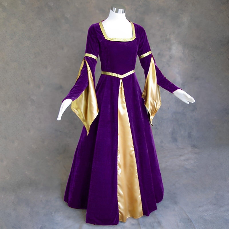 Retro Vintage Medieval Renaissance Dress Plus Size Witch Viking Elven Color Block Fancy Dress Women's Celtic Royal Walpurgis Night Halloween Carnival Masquerade LARP Adults' Dress2