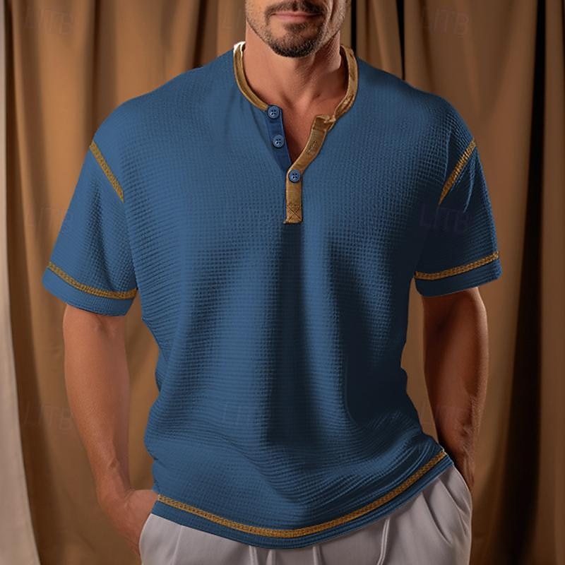 Men's Waffle Henley Shirt Henley Shirt Tee Top Color Block Henley Street Vacation Short Sleeves Patchwork Knitted Clothing Apparel Polyester Fashion Designer Basic3