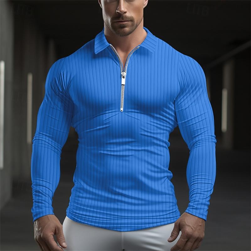 Men's Polo Shirts Muscle Shirt Vacation Work Lapel Long Sleeve Fashion Comfortable Plain Vertical Stripes Zip Up Spring &  Fall Slim Fit Light Blue Black White Light Green Pink Wine Polo Shirts3