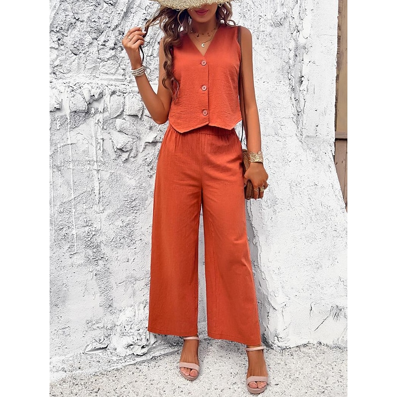 Women's Linen-Inspired Sets Vest Layered V-Neck Top Buttoned Crop Shirt High-Waisted Wide-Leg Pants Rust Orange Linen Textured Lightweight Spring Summer Casual Event Elegant