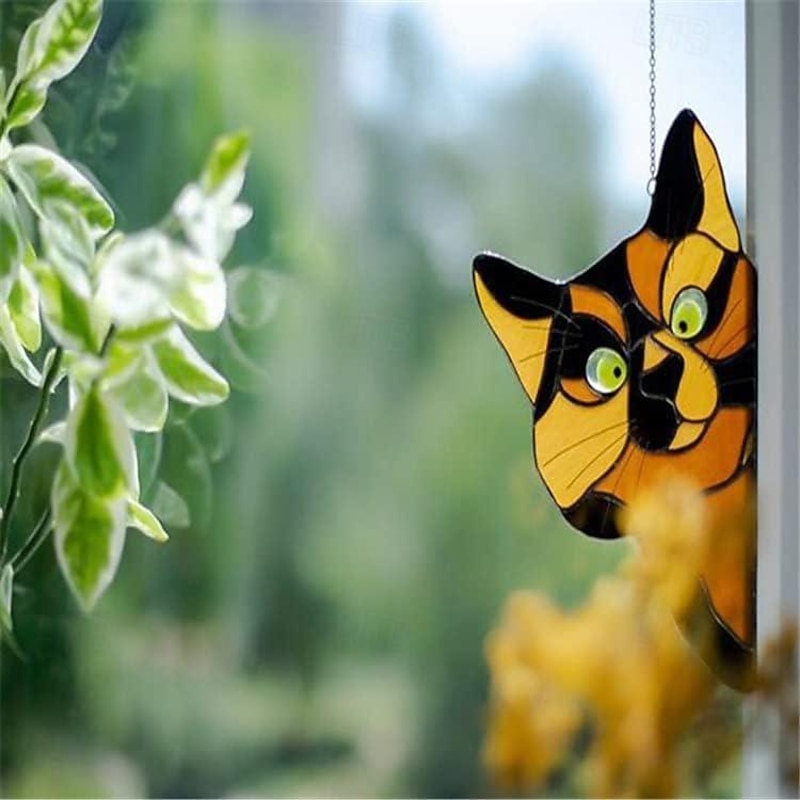 Cat Window Hangings, Handmade Stain Glass Cat Suncatcher, Stained Glass Cute Cat Window Hanger Peeking Sun Catcher Acrylic Cat Stained Glass Cat Window Hanger for Cat Lovers2