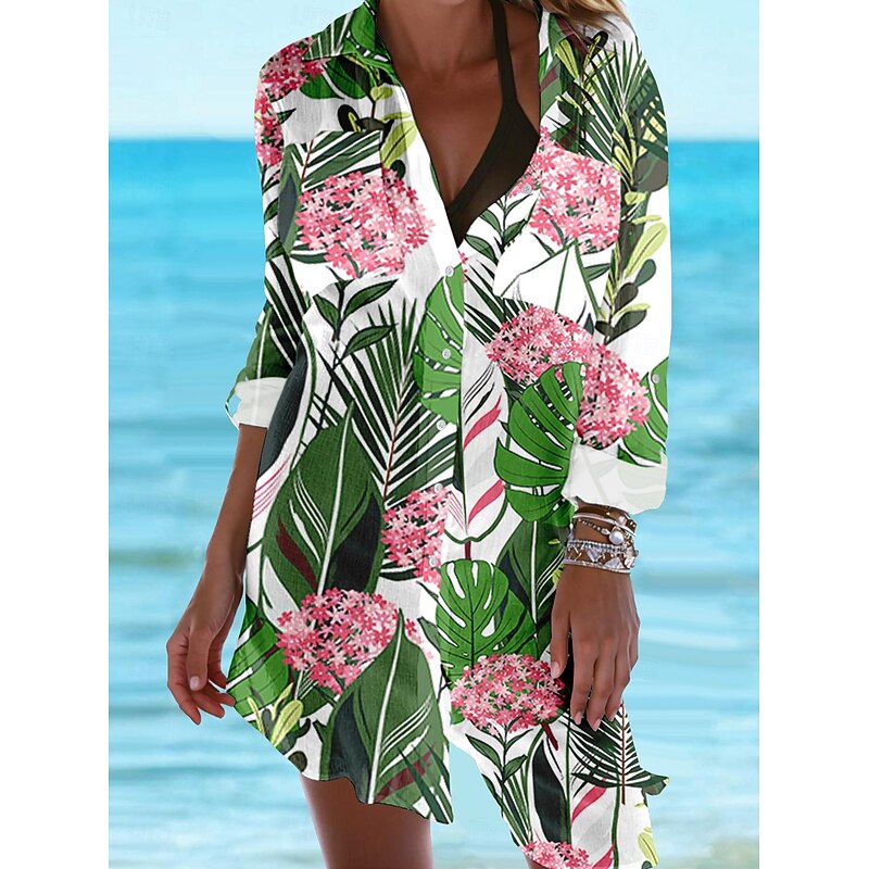 Women's Mini Dress Shirt Dress Hawaiian Shirts  Flowy  Vacation Beach Floral Buttons Print Long Sleeve Long  Shirt Collar Casual Holiday Beach Purple Green Summer Holiday Clothes Beach Wear3