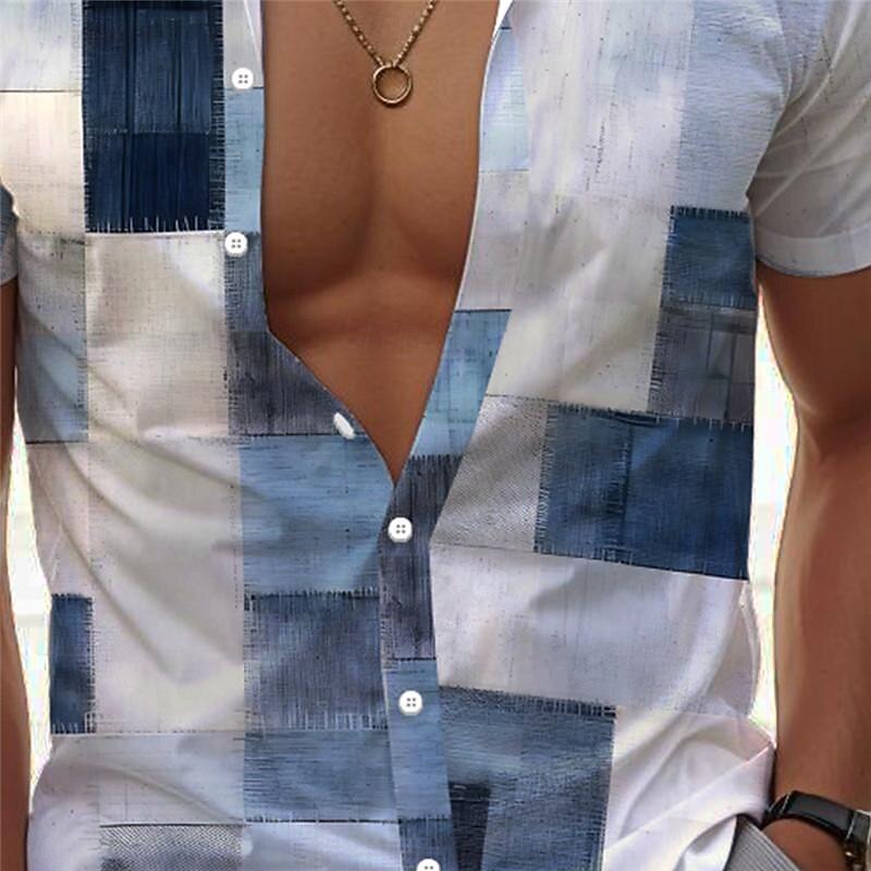 Men's Plaid / Check Geometric Pattern Shirt Button Up Shirt Short Sleeve Vacation Hawaiian Outdoor Holiday Summer All Seasons Turndown Buttons Print Blue Brown Green Gray3