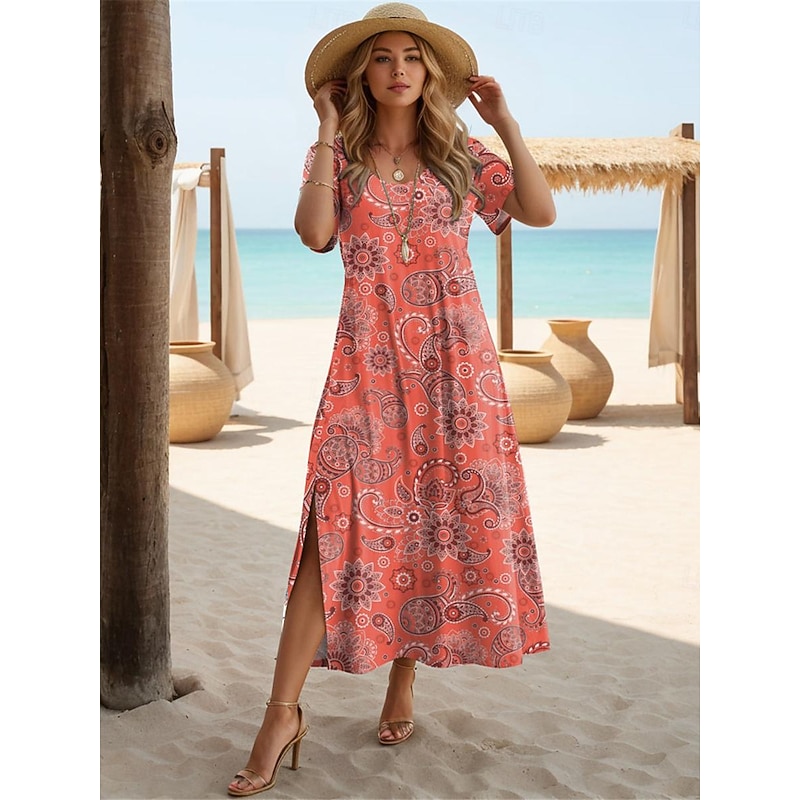 Women's Maxi Dress Paisley Dress Casual Dress Maxi Dress Sundress Ethnic Tribal Vacation Street Holiday Regular Fit Paisley Short Sleeve Crew Neck Red Blue Purple Orange Summer