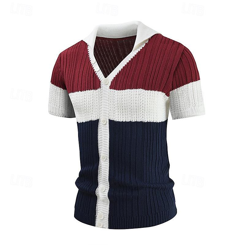 Men's T Shirt Short Sleeve Shirt Knit Tee Tee Top Short Sleeve Lapel Spring & Summer Color Block Fashion Casual Comfortable Patchwork Buttons Knitted Vacation Street Going out Wine Top Tee for Men3