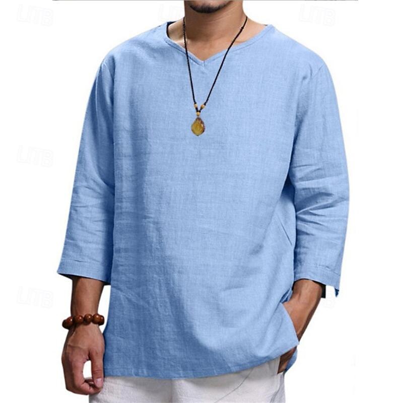 Men's Shirt Summer Shirt Casual Shirt Beach Shirt Black Navy Blue khaki Beige Light Blue Long Sleeve Plain V Neck Holiday Vacation Clothing Apparel Fashion Casual Comfortable2