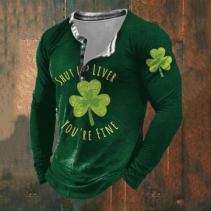 St Patrick St Paddy Shamrock Men's Casual Fashion Retro Vintage 3D Print T shirt Tee Henley Shirt Sports Outdoor Holiday Going out St. Patrick T shirt Black Red Brown Long Sleeve Henley Shirt4