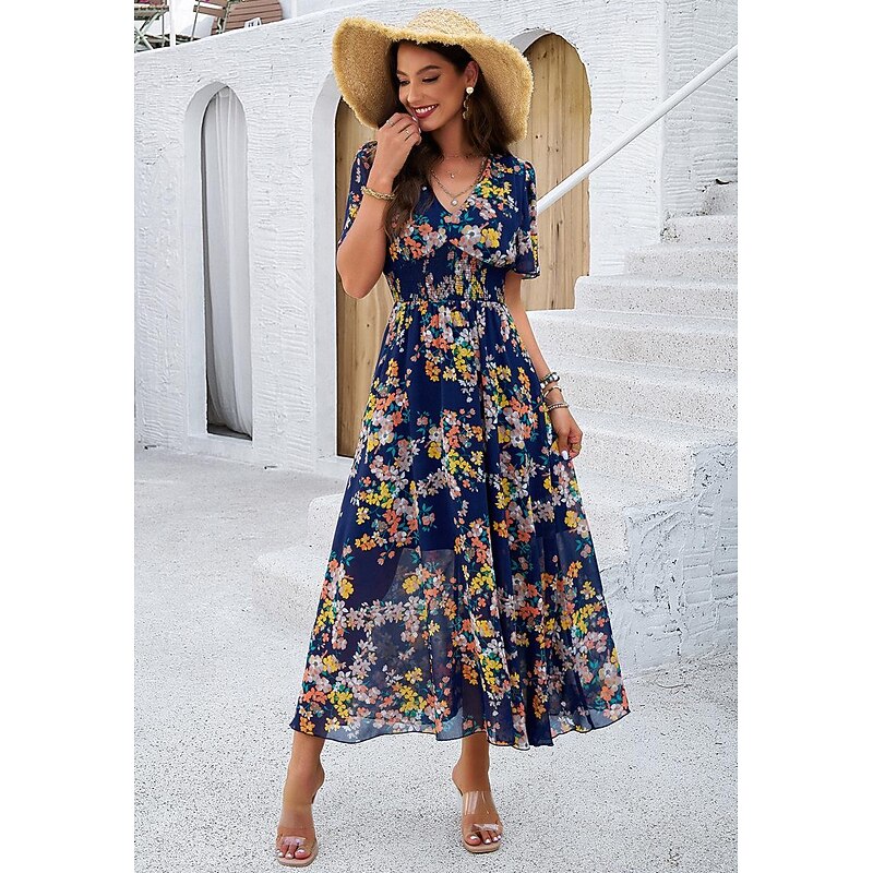 Women's Sheath Dress Chiffon Dress Sundress Floral Graphic Elastic Waist Print V Neck Cold Shoulder Long Dress Maxi Dress Elegant Tropical Party Date Short Sleeve Summer Spring 9