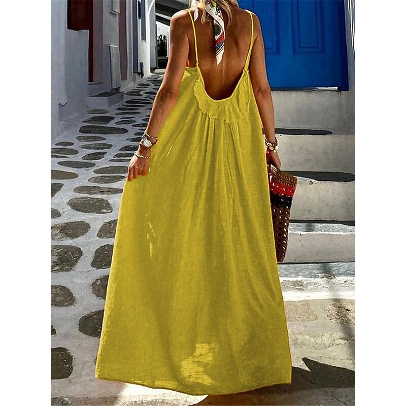 Women's Yellow Red Blue Summer Spring Maxi long Dress Cotton Linen Dresses Casual Dress Strap Dress Basic Modern Vacation Daily Weekend Loose Fit Plain U Neck4
