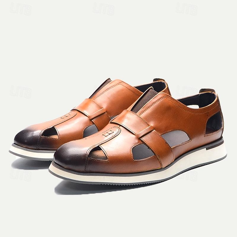 Men's Brown Leather Cut-Out Loafers Sandals - Breathable Slip-On Casual Shoes with Contrast Toe for Summer4