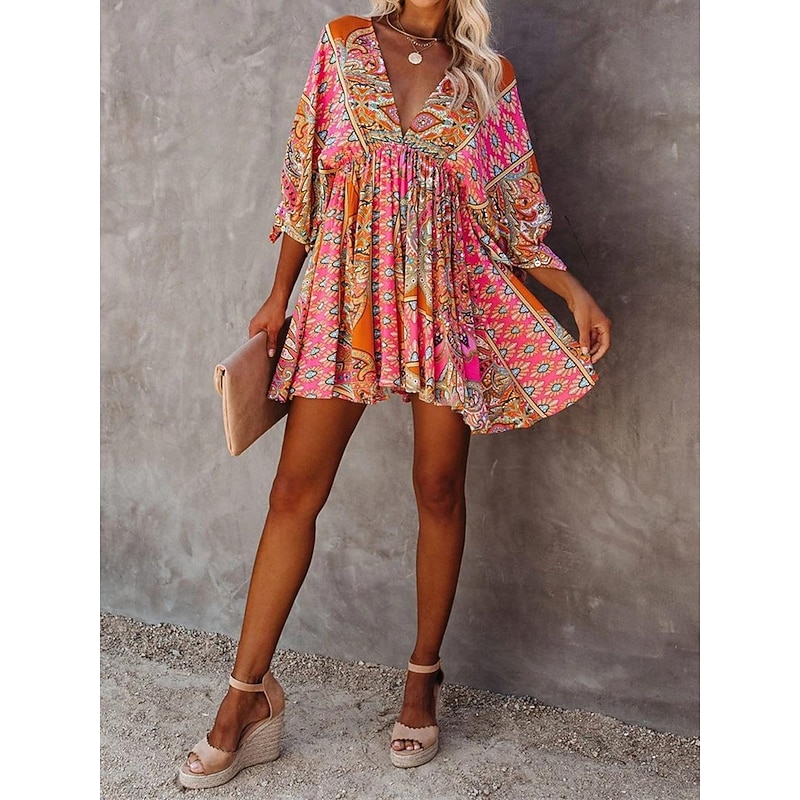 Women's Mini Dress Petite Dress Paisley Dress Casual Dress Boho Chic Dresses Boho Dress Bohemia Ethnic A Line Vacation Street Holiday Loose Fit Floral Paisley 3/4 Length Sleeve V Neck Fuchsia Summer3
