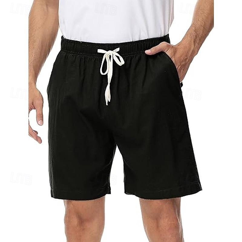 Men's Shorts Linen Shorts Summer Shorts Beach Shorts Drawstring Elastic Waist Plain Comfort Breathable Short Casual Daily Beach Fashion Classic Style Black Navy Blue3