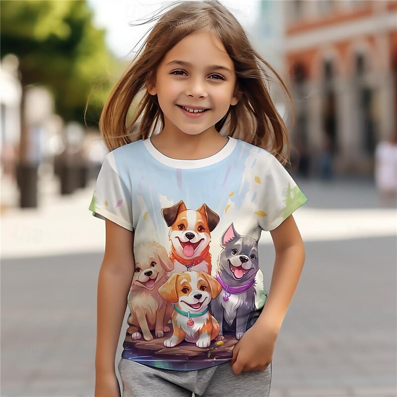Girls' 3D Dog Tee Shirts Short Sleeve 3D Print Summer Active Fashion Cute Polyester Kids 3-12 Years Crew Neck Outdoor Casual Daily Regular Fit4