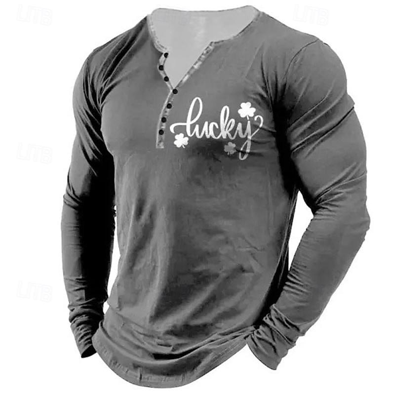 St Patrick St Paddys Shamrock Men's Fashion Casual 3D Print T Shirt Tee Henley Shirt Daily Holiday Going out St. Patrick T shirt Black Navy Blue Green Long Sleeve Henley Shirt Spring & Fall Clothing3