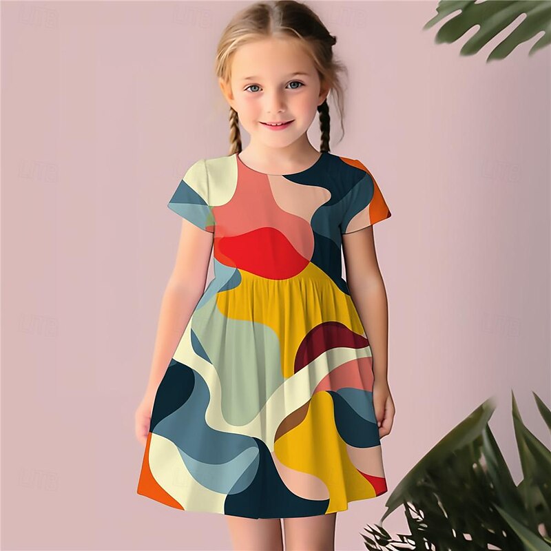 Girls' 3D Geometric Dress Pink Short Sleeve 3D Print Summer Daily Holiday Casual Beautiful Kids 3-12 Years Casual Dress Skater Dress Above Knee Regular Fit4