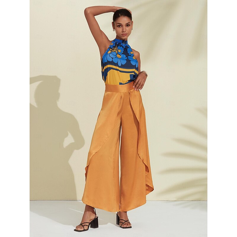 Women's Geometic Flower / Plants Vacation Weekend Sleeveless Blue Ruched Tie back / Tie front Sleeveless Blouses Tied Neck Summer2