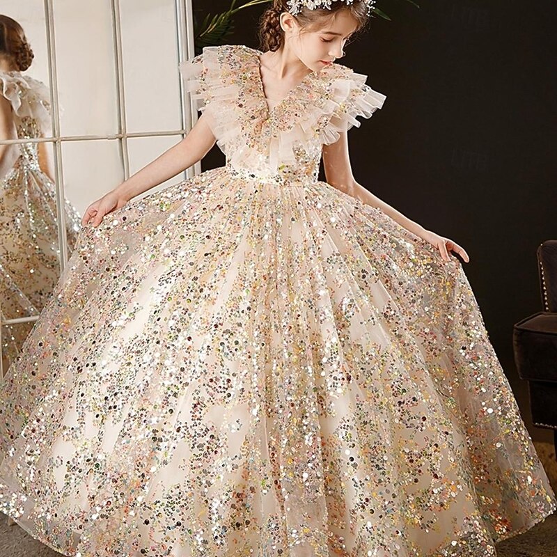 Kids Girls' Flower Girl Dress Party Dress Solid Color 3/4 Length Sleeve Performance Wedding Party Mesh Princess Sweet Mesh Mid-Calf Sheath Dress Tulle Dress Flower Girl's Dress Summer Spring Fall2