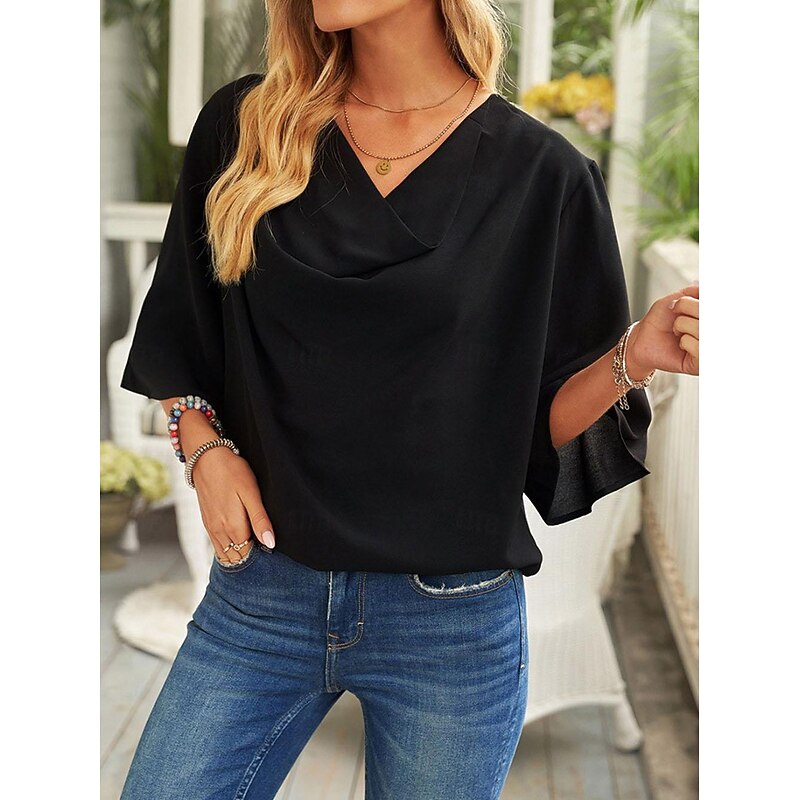 Shirt Blouse Women's Black White Wine Solid Color Ruched Street Daily Fashion V Neck S2