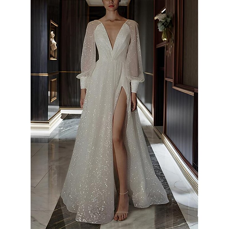 Beach Wedding Dresses A-Line V Neck Long Sleeve Floor Length Sequined Bridal Gowns With Solid Color4