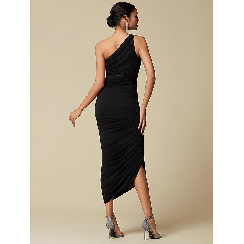 Black Elegant Party/Wedding Guest Ruched Sleeveless One Shoulder Elegant Midi Dress dress to impress 20243