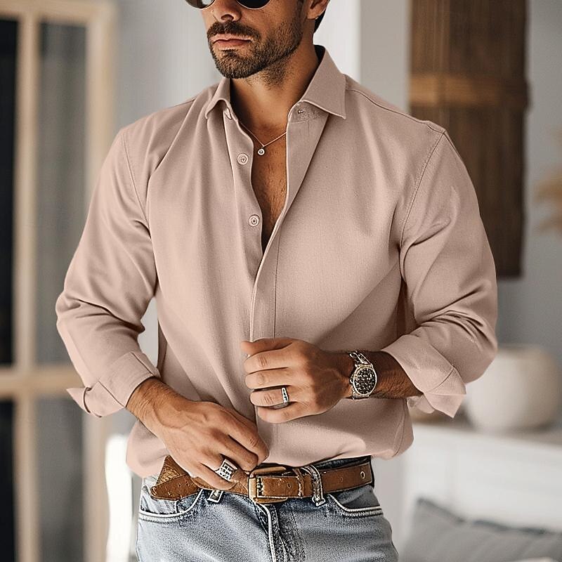 Men's Shirt Summer Shirt Casual Shirt Button Up Shirt Black White khaki Long Sleeve Plain Lapel Vacation Daily Clothing Apparel Cotton Cotton Blend Fashion Casual Comfortable