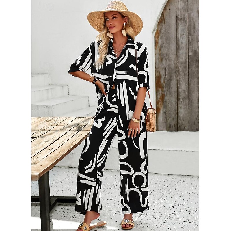 Women EU / US Size2 Pieces SetsFashion Daily Bolero Top Wide Leg Short Sleeve Shirt Collar Geometric Color Block Leaves Print Casual Daily Weekend Black Yellow Blue Spring & Summer Loose Fit4