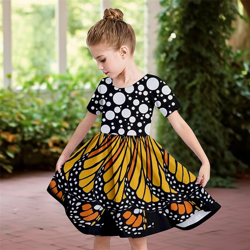 Girls' 3D Butterfly Dress Short Sleeve 3D Print Summer Daily Holiday Casual Beautiful Kids 3-12 Years Casual Dress Skater Dress Above Knee Polyester Regular Fit