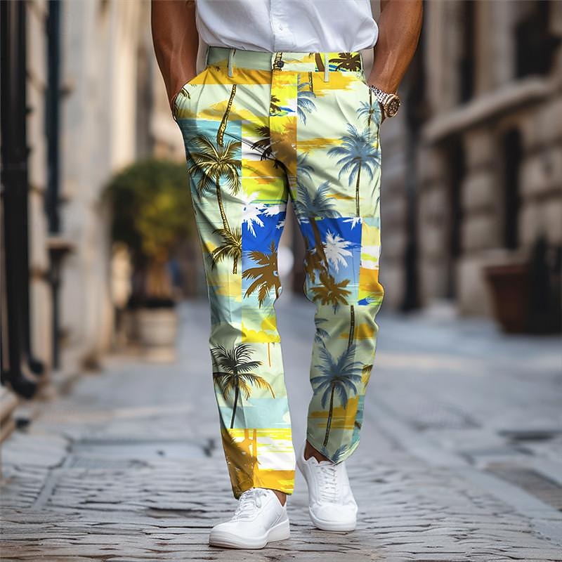 Palm Tree Vacation Hawaiian Men's Resort 3D Printed Dress Pants Flat Front Straight-Leg Polyester Medium Waist Pants Outdoor Vacation Holiday Daily Wear S TO 3XL3