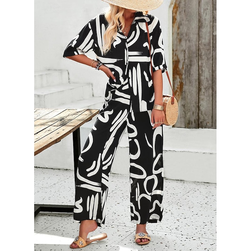 Women EU / US Size2 Pieces SetsFashion Daily Bolero Top Wide Leg Short Sleeve Shirt Collar Geometric Color Block Leaves Print Casual Daily Weekend Black Yellow Blue Spring & Summer Loose Fit2